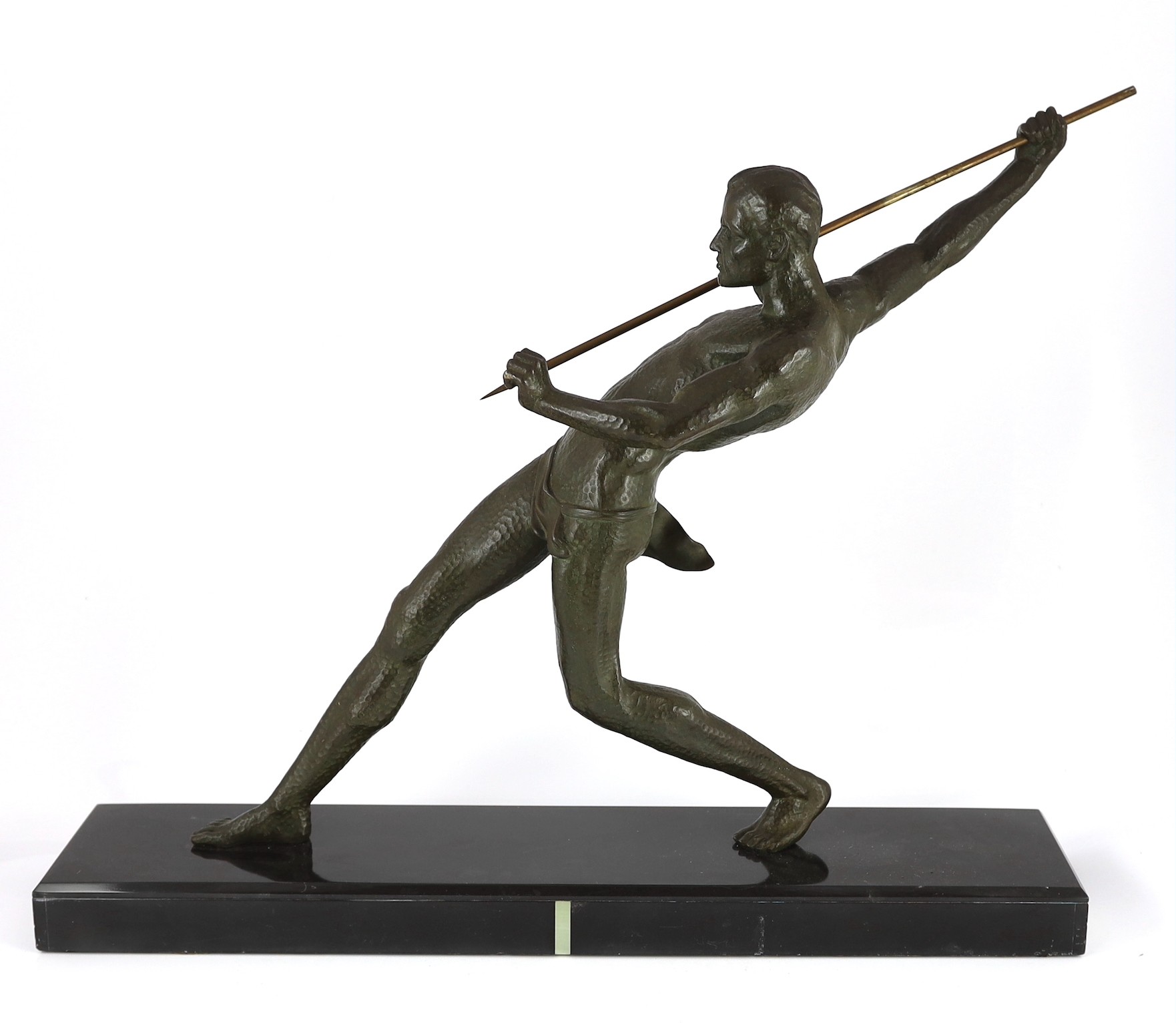 Limousin. A French Art Deco patinated spelter figure of a javelin thrower, 65cm wide, 55cm high